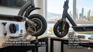 A side-by-side look at the low-maintenance benefits of solid tires versus the air-pressure upkeep of pneumatic tires.