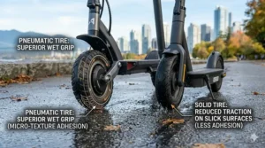 Comparison of tire tread grip on wet asphalt, highlighting safety for rainy Vancouver or Montreal commutes.