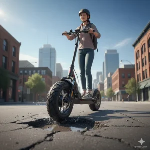 Illustration of pneumatic tires on an all terrain electric scooter providing a smooth ride over city potholes and cracks.
