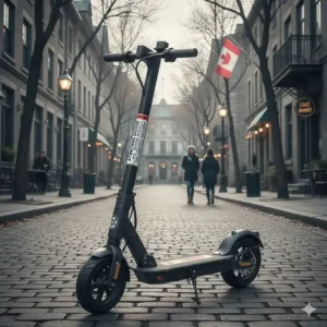 A lifestyle illustration of a dual battery electric scooter (trottinette électrique à double batterie) featuring bilingual English and French safety labels.
