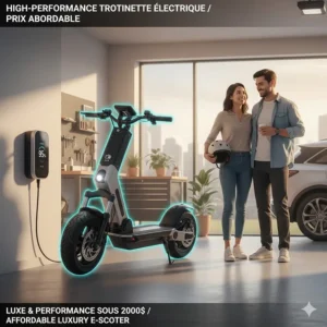 A lifestyle illustration of a trottinette électrique (electric scooter) being charged in a modern garage, highlighting high-end specs at a sub-$2000 price point.