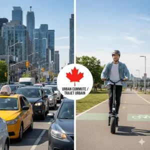 Comparison of a 1000W electric scooter versus a car commute in a Canadian city, focusing on legal lane usage and efficiency.