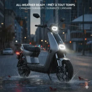 A high-end electric scooter with IP-rated water resistance, suitable for variable Canadian weather conditions.