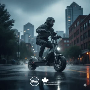 An IP66-rated electric scooter in wet weather conditions; the most powerful electric scooter built for the Canadian climate (climat canadien).