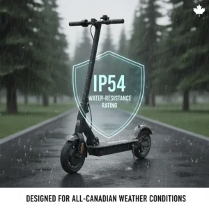 Illustration highlighting the IP54 water-resistance rating of a high speed scooter, designed to handle damp Canadian spring conditions.