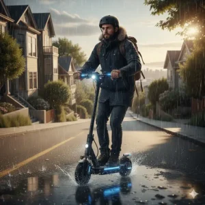 IP-rated water-resistant performance electric scooter for commuting through wet West Coast or Atlantic weather.
