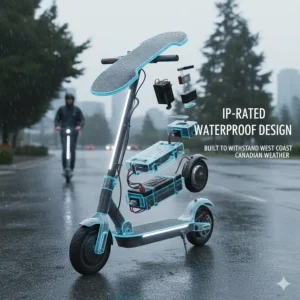 An exploded view of the IP-rated waterproof seals on a high speed scooter, built to withstand wet West Coast Canadian weather.