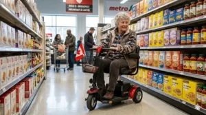 A 3-wheel mobility scooter demonstrating tight indoor maneuverability while navigating a narrow aisle in a Canadian Metro grocery store.