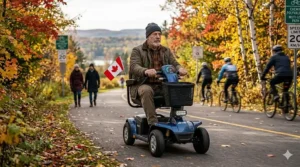 A 3-wheel mobility scooter basket filled with iconic Canadian grocery items like Tim Hortons and Neilson milk, showcasing everyday utility.