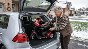 A close-up view comparing the compact floor deck of a 3-wheel scooter versus the spacious legroom and footrests on a 4-wheel mobility scooter.
