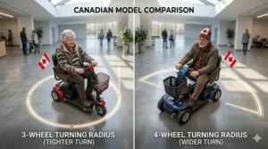 A side-by-side diagram showing the tight turning radius of a 3-wheel scooter versus the wider, stable turning path of a 4-wheel mobility scooter.