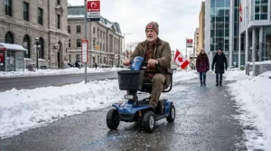 A heavy-duty 4-wheel mobility scooter driving safely on a cleared but salted Canadian sidewalk in winter with snow-covered buildings in the background.