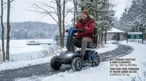 Illustration of a heavy duty mobility scooter with high ground clearance navigating a light Canadian snowfall.