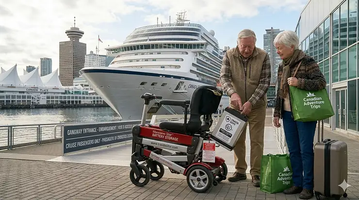 A senior man loading a lightweight mobility scooter for travel into a car trunk in a scenic Canadian park during autumn.