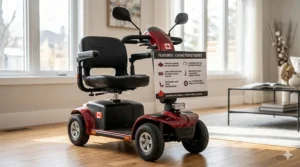 A detailed close-up of a premium mobility scooter control panel with features and settings labeled in both English and French for bilingual Canadian users seeking the best mobility scooters9.