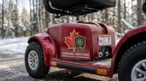 A close-up of the cold-certified LI-ION battery pack on a red heavy-duty mobility scooter in a snowy forest, proving it is one of the best mobility scooters9 for the Canadian climate.
