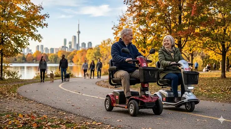 A senior couple enjoying freedom and independence on two of the best mobility scooters9 on a scenic Toronto park pathway during autumn.