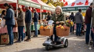 A smiling woman using a silver 3-wheel mobility scooter with a large wicker basket at a bustling Ontario outdoor market with bilingual 'Ontario Grown' signage, perfect for those seeking the best mobility scooters9 for shopping.