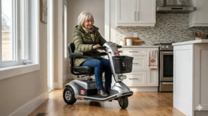A senior woman easily navigating a tight turn with a nimble 3-wheel mobility scooter in a modern sunlit Canadian kitchen, showing why it is one of the best mobility scooters9 for indoor maneuverability.