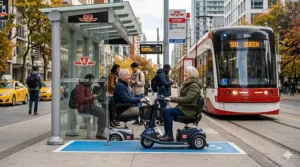 A senior woman in an olive-green jacket using a compact 3-wheel mobility scooter at an accessible Toronto TTC transit shelter with bilingual signage, highlighting the best mobility scooters9 for urban commuting.