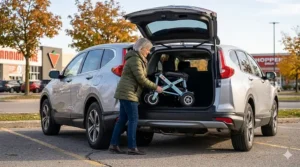 A light-blue compact folding mobility scooter being easily loaded into a car trunk in a suburban parking lot, demonstrating why it is among the best mobility scooters9 for Canadian travel.