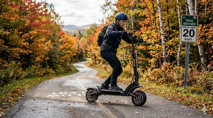 High-speed electric scooter with premium hydraulic brakes parked on a paved Canadian urban trail during autumn.