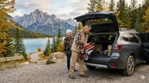 A lightweight mobility scooter for travel folded neatly in a small Canadian hallway closet during winter months.