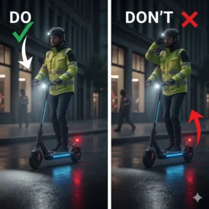 Diagram showing the correct downward angle for electric scooter lights during night riding to prevent glare for oncoming traffic.