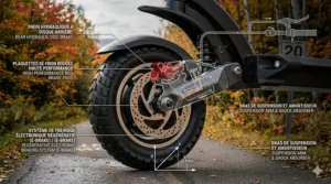 Infographic explaining the dual electronic and mechanical braking systems on a high-speed electric scooter.