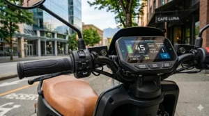 Technical illustration highlighting bilingual English and French interface displays on moped-style electric scooters.