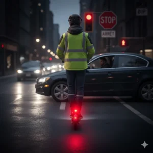 Close-up illustration of a bright red LED brake light on an electric scooter for safe night riding in Canadian traffic.