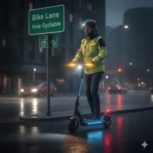 An electric scooter with bright lights riding past a bilingual Canadian bike lane sign at night.