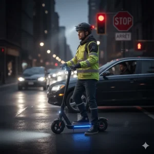 Side view illustration of an electric scooter with blue LED deck lights to increase lateral visibility for night riding.