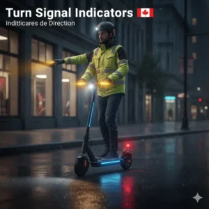 Illustration of amber turn signal indicators on a scooter handlebar for safer night riding transitions.