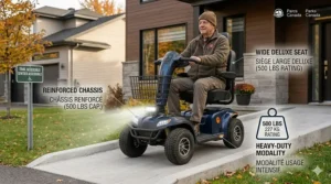 An illustration of a 500 lbs capacity mobility scooter entering a modern Canadian home via an accessible ramp.