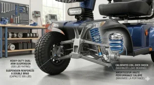 Technical illustration of the heavy duty suspension system on a mobility scooter rated for 500 lbs.