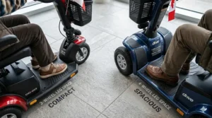 A high-speed 4-wheel mobility scooter traveling along a paved Canadian multi-use community path with bicycle lane markings and autumn trees.