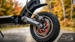 Close-up technical illustration of high-performance hydraulic disc brakes on a high-speed electric scooter.