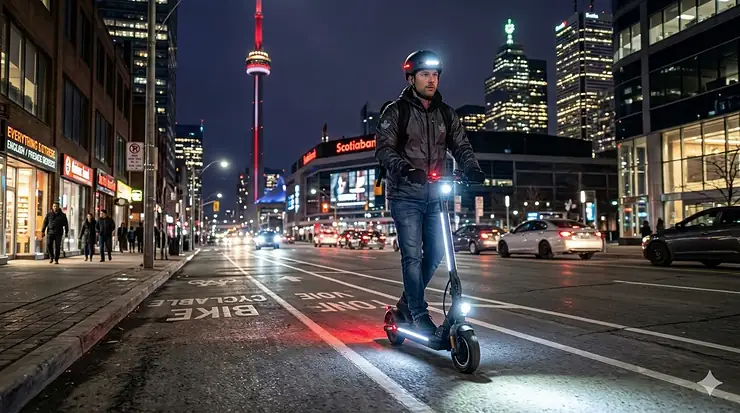 A commuter using integrated LED lights for electric scooter night riding on a dedicated bike path in downtown Toronto.