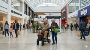 A commuter using a compact mobility scooter on a modern Canadian public transit train, focusing on accessibility.