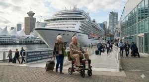 A vibrant illustration of a lightweight mobility scooter for travel on a paved, accessible path in Banff National Park.