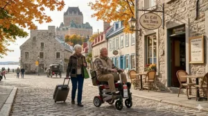 Close-up of a travel-safe lithium battery for a lightweight mobility scooter, highlighting Canadian safety certifications.