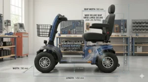 A diagram showing the reinforced frame and wide seat dimensions of a 500 lb capacity mobility scooter.
