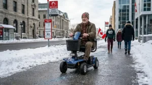 A lightweight 3-wheel mobility scooter being easily folded and placed into the trunk of a hatchback in a snowy Canadian suburban driveway.