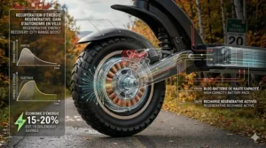 Concept art of a high-speed e-scooter using regenerative braking to extend battery life during city commutes.
