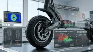 Illustration of a rider using high-speed scooter brakes safely in a bilingual (EN/FR) Canadian bike lane environment.