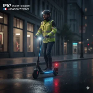 Illustration of waterproof lights on an electric scooter navigating wet pavement during a night ride in Vancouver.