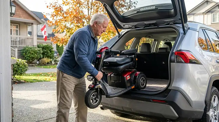 A person riding a 3 wheel electric scooter with seat through a scenic Canadian park during autumn, highlighting stability and comfort for outdoor mobility.
