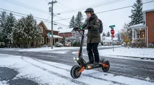 Illustration showing the foldable frame of a heavy duty electric scooter for easy storage in a car trunk or Canadian transit.