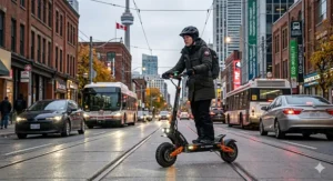 Infographic showing the high-capacity battery of an all terrain heavy duty electric scooter capable of long-distance Canadian commutes.